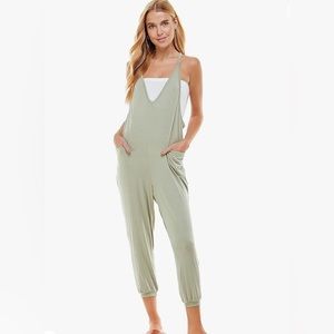 Loving People Sage Green Loose Fit Capri Sleeveless Jumpsuit with Pockets